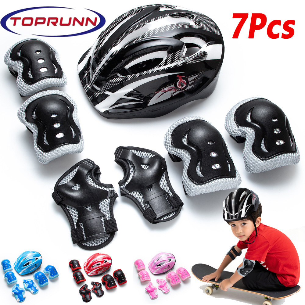 Cycling Gear For Kids - 7 in 1 キッズ保護具セット（スポーツヘルメット、膝・肘・手首用安全パッド付き）、男の子と女の子向け、サイクリングに最適