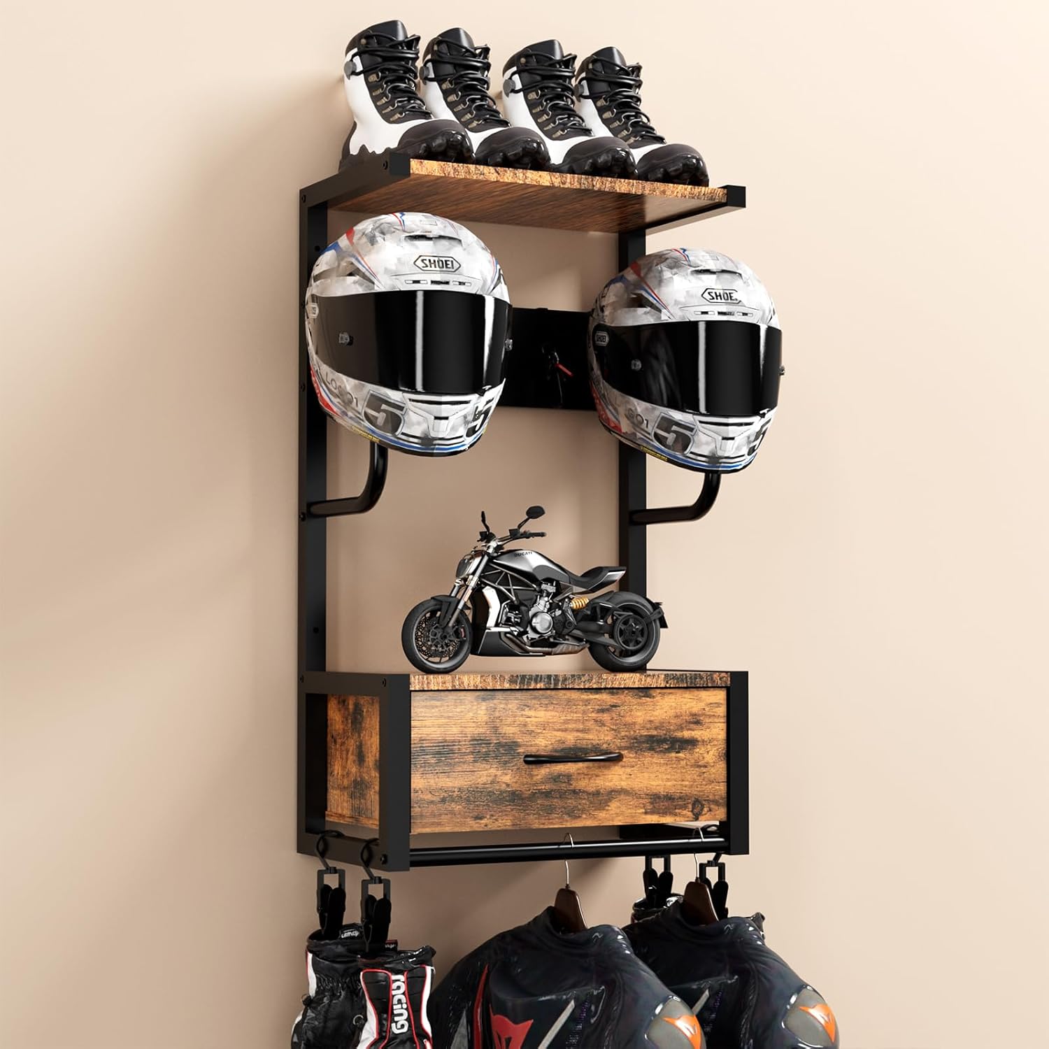 Cycling Gear Wall Organizer - オートバイヘルメットホルダー、壁掛けラック、4つのグローブチップとフック付き、バイクヘルメット収納オーガナイザー、ヘルメット、ギア、衣類用