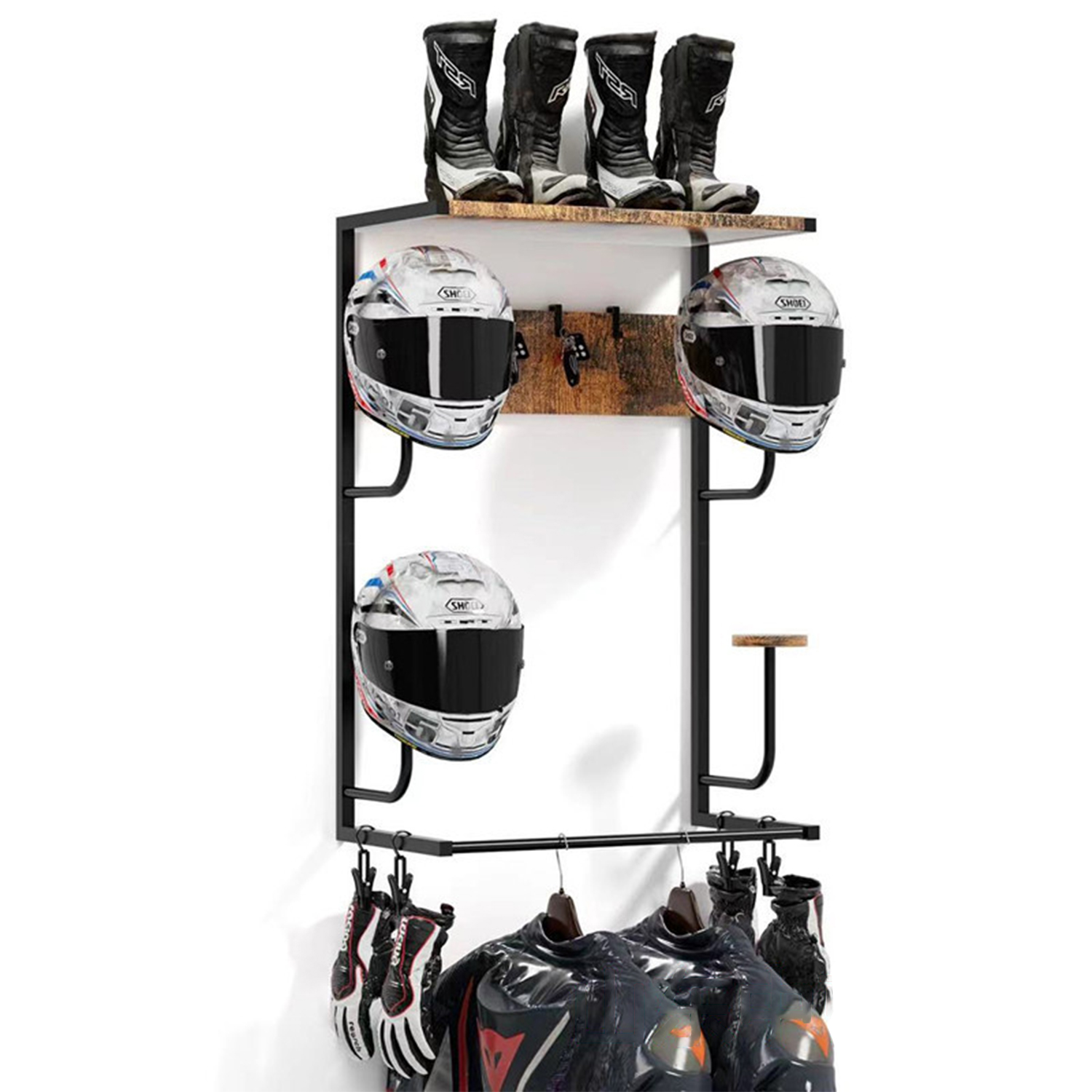Cycling Gear Wall Organizer - オートバイヘルメットホルダー、4つのグローブチップとフック付き壁掛けラック、ヘルメットギア衣類用バイクヘルメット収納オーガナイザー